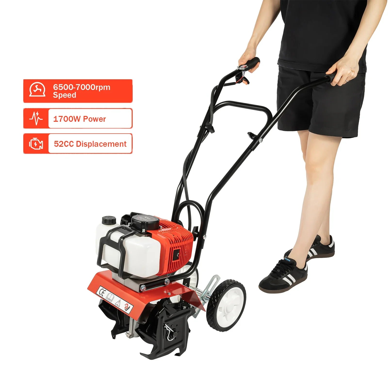 52CC 1700W Gasoline Garden Tiller 2-Stroke Air-Cooled Rotary Cultivator, 30cm (12in) Working Width, 3–12cm (1.2–4.7in) Depth