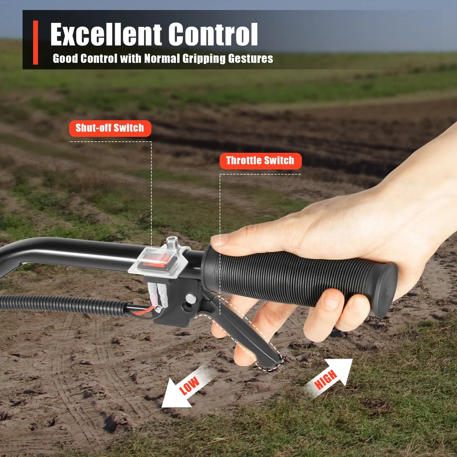 52CC 1700W Gasoline Garden Tiller 2-Stroke Air-Cooled Rotary Cultivator, 30cm (12in) Working Width, 3–12cm (1.2–4.7in) Depth